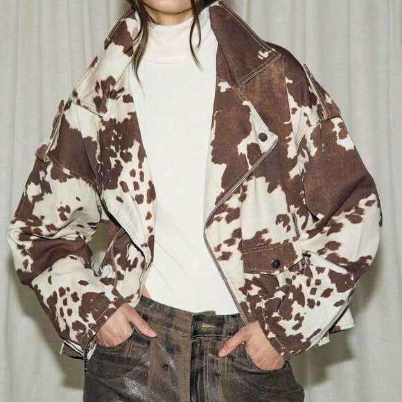 Jackets & Blazers - Casual Women's Cow Print Denim Jacket Western Distress contemporary